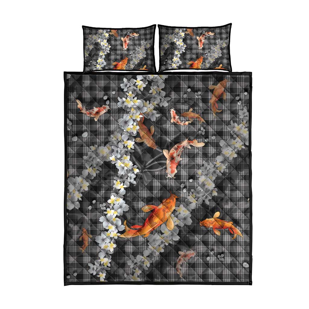 Black Palaka Hawaiian And Japanese Quilt Bed Set Sakura Lei With Koi Fish - Polynesian Pride