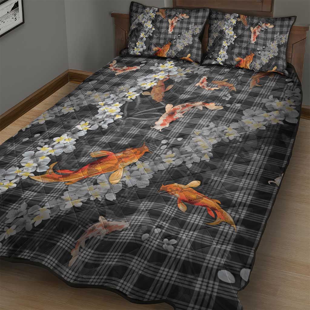 Black Palaka Hawaiian And Japanese Quilt Bed Set Sakura Lei With Koi Fish - Polynesian Pride