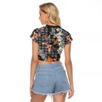 Black Palaka Hawaiian And Japanese Raglan Cropped T Shirt Sakura Lei With Koi Fish DT05 - Polynesian Pride