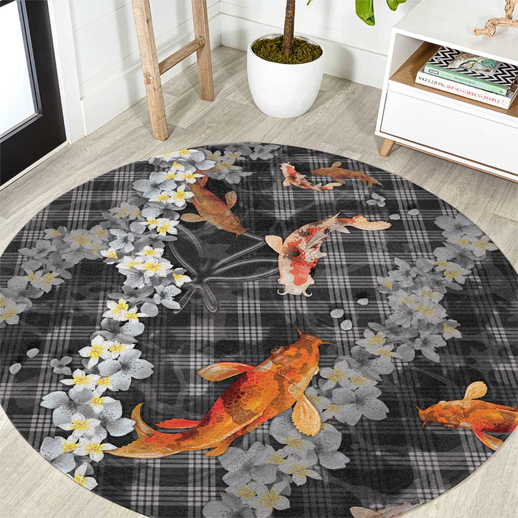 Black Palaka Hawaiian And Japanese Round Carpet Sakura Lei With Koi Fish - Polynesian Pride