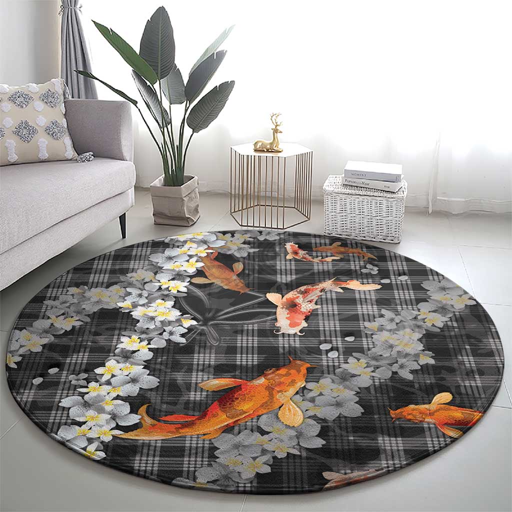 Black Palaka Hawaiian And Japanese Round Carpet Sakura Lei With Koi Fish - Polynesian Pride