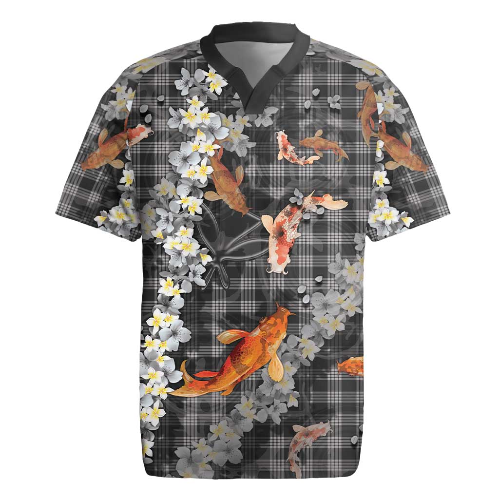 Black Palaka Hawaiian And Japanese Rugby Jersey Sakura Lei With Koi Fish - Polynesian Pride