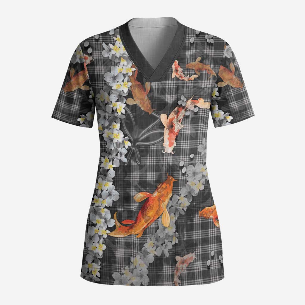 Black Palaka Hawaiian And Japanese Scrub Top Sakura Lei With Koi Fish DT05 Adult Black - Polynesian Pride