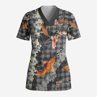 Black Palaka Hawaiian And Japanese Scrub Top Sakura Lei With Koi Fish DT05 Adult Black - Polynesian Pride