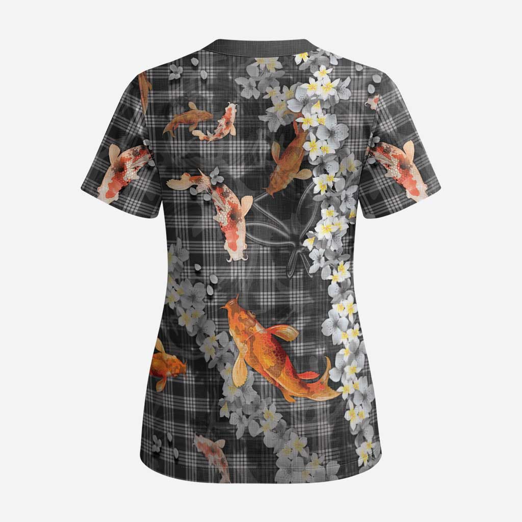 Black Palaka Hawaiian And Japanese Scrub Top Sakura Lei With Koi Fish DT05 - Polynesian Pride