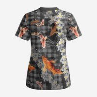 Black Palaka Hawaiian And Japanese Scrub Top Sakura Lei With Koi Fish DT05 - Polynesian Pride
