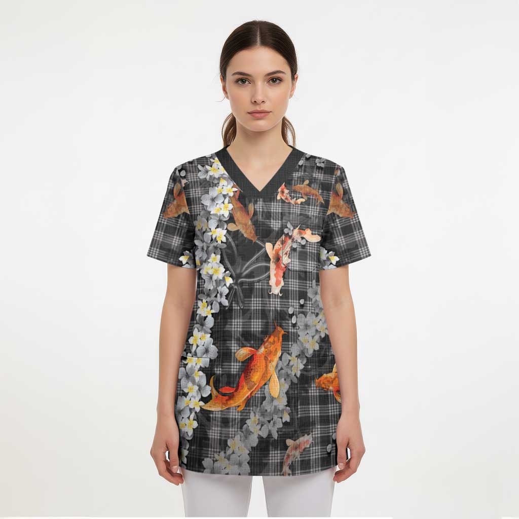 Black Palaka Hawaiian And Japanese Scrub Top Sakura Lei With Koi Fish DT05 - Polynesian Pride