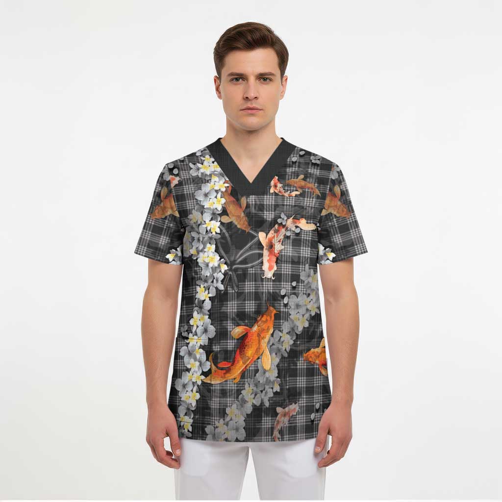 Black Palaka Hawaiian And Japanese Scrub Top Sakura Lei With Koi Fish DT05 - Polynesian Pride