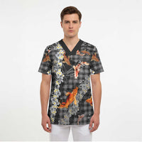 Black Palaka Hawaiian And Japanese Scrub Top Sakura Lei With Koi Fish DT05 - Polynesian Pride