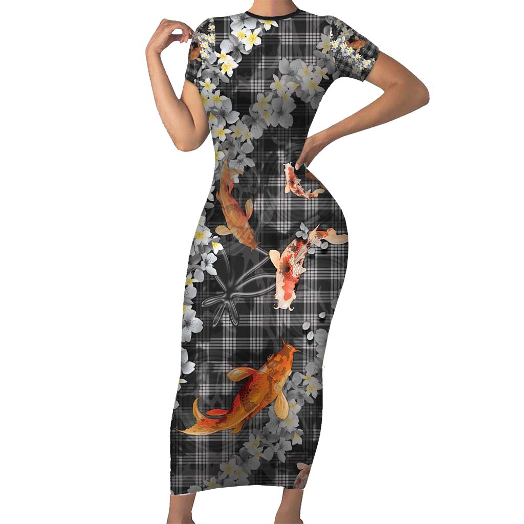 Black Palaka Hawaiian And Japanese Short Sleeve Bodycon Dress Sakura Lei With Koi Fish - Polynesian Pride