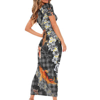 Black Palaka Hawaiian And Japanese Short Sleeve Bodycon Dress Sakura Lei With Koi Fish - Polynesian Pride