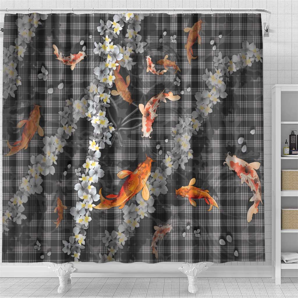 Black Palaka Hawaiian And Japanese Shower Curtain Sakura Lei With Koi Fish - Polynesian Pride