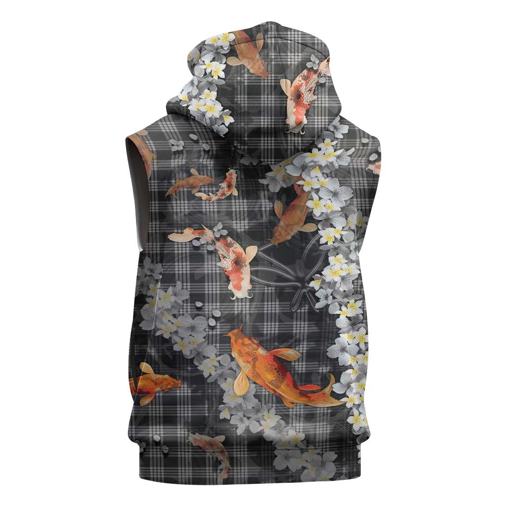 Black Palaka Hawaiian And Japanese Sleeveless Hoodie Sakura Lei With Koi Fish DT05 - Polynesian Pride
