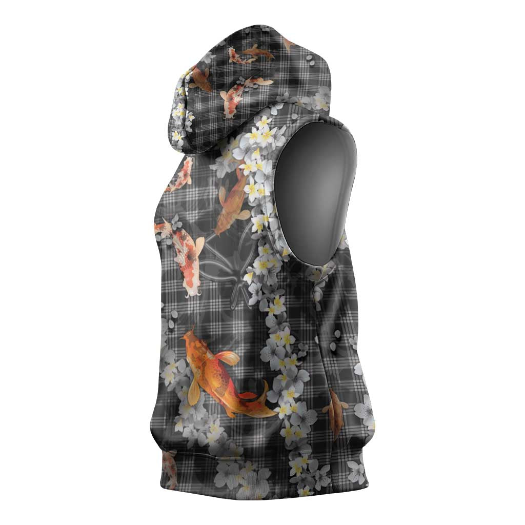 Black Palaka Hawaiian And Japanese Sleeveless Hoodie Sakura Lei With Koi Fish DT05 - Polynesian Pride