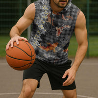 Black Palaka Hawaiian And Japanese Sleeveless Hoodie Sakura Lei With Koi Fish DT05 - Polynesian Pride