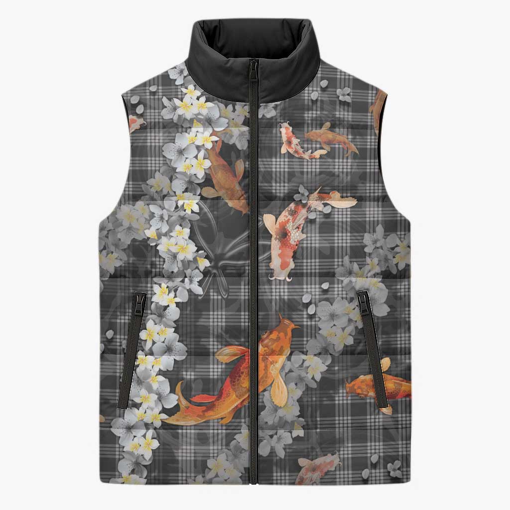Black Palaka Hawaiian And Japanese Sleeveless Puffer Jacket Sakura Lei With Koi Fish DT05 Unisex Black - Polynesian Pride