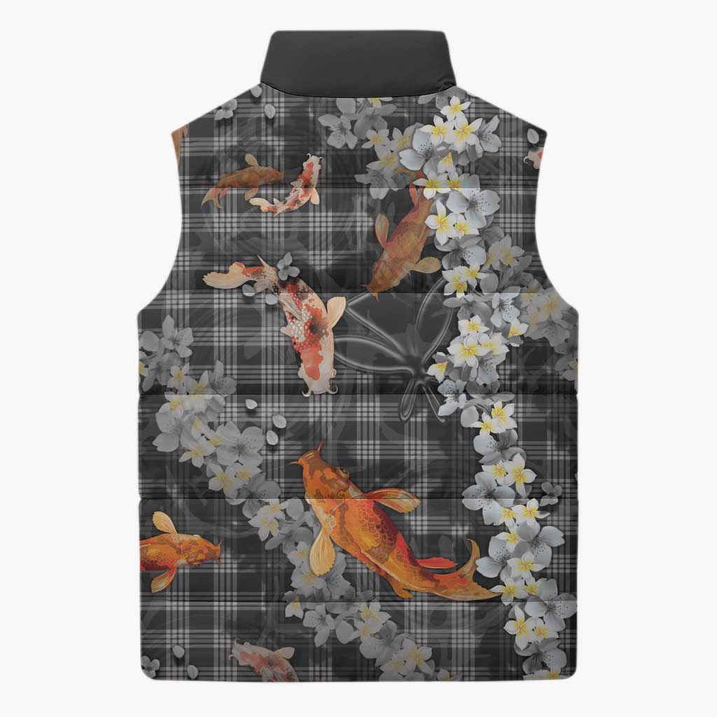 Black Palaka Hawaiian And Japanese Sleeveless Puffer Jacket Sakura Lei With Koi Fish DT05 - Polynesian Pride