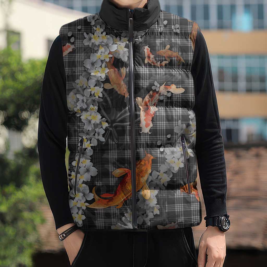 Black Palaka Hawaiian And Japanese Sleeveless Puffer Jacket Sakura Lei With Koi Fish DT05 - Polynesian Pride