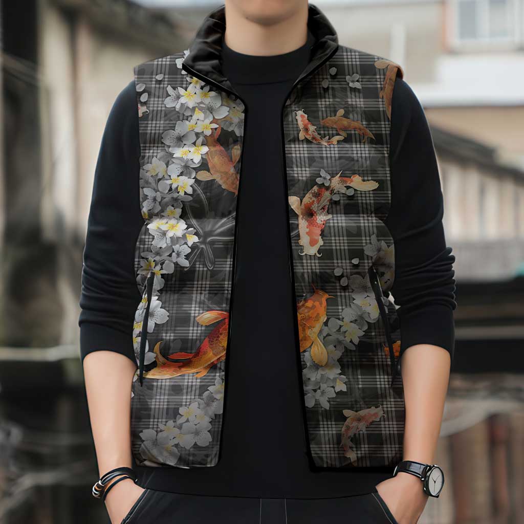 Black Palaka Hawaiian And Japanese Sleeveless Puffer Jacket Sakura Lei With Koi Fish DT05 - Polynesian Pride
