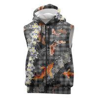 Black Palaka Hawaiian And Japanese Sleeveless Zip Hoodie Sakura Lei With Koi Fish - Polynesian Pride