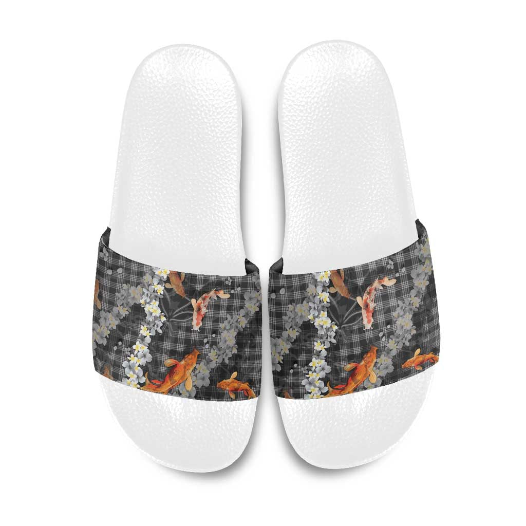 Black Palaka Hawaiian And Japanese Slide Sandals Sakura Lei With Koi Fish - Polynesian Pride