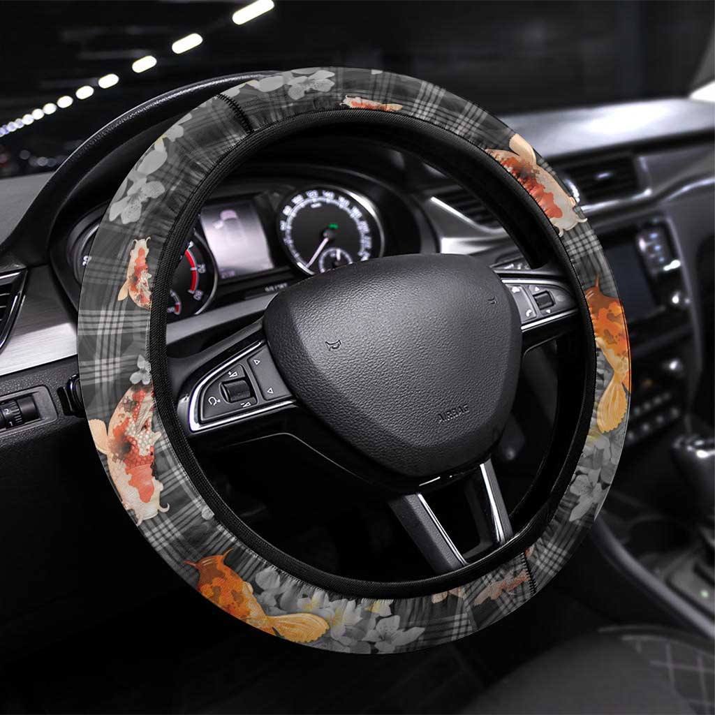 Black Palaka Hawaiian And Japanese Steering Wheel Cover Sakura Lei With Koi Fish - Polynesian Pride