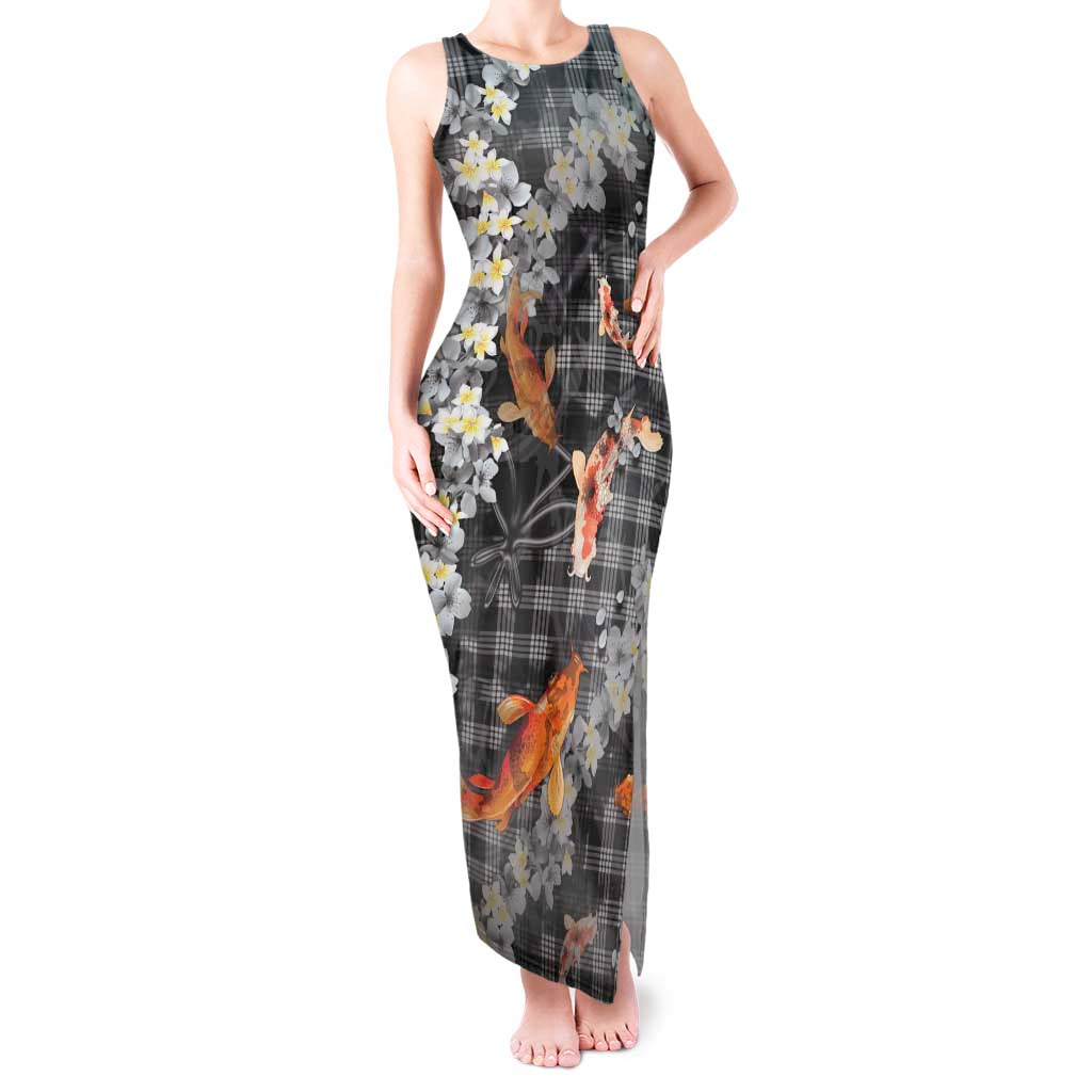 Black Palaka Hawaiian And Japanese Tank Maxi Dress Sakura Lei With Koi Fish - Polynesian Pride