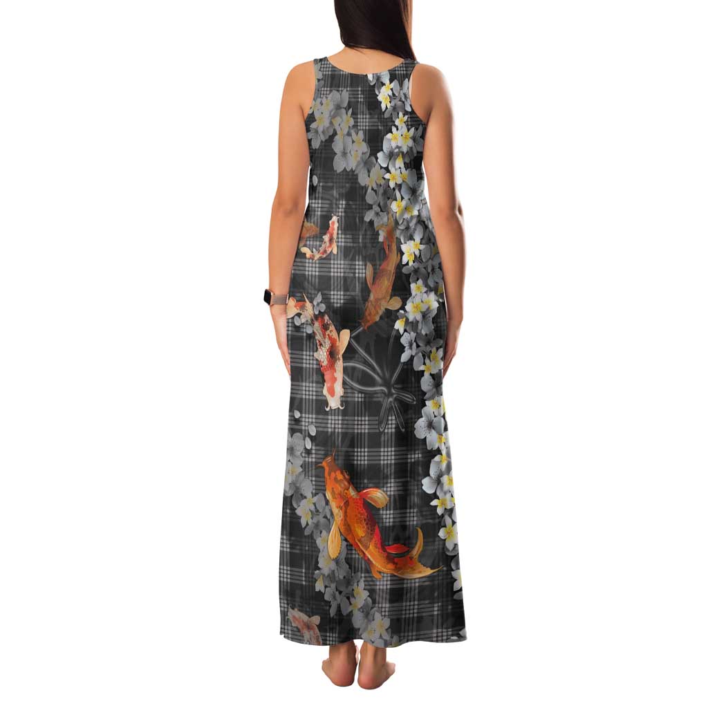 Black Palaka Hawaiian And Japanese Tank Maxi Dress Sakura Lei With Koi Fish - Polynesian Pride