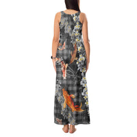 Black Palaka Hawaiian And Japanese Tank Maxi Dress Sakura Lei With Koi Fish - Polynesian Pride
