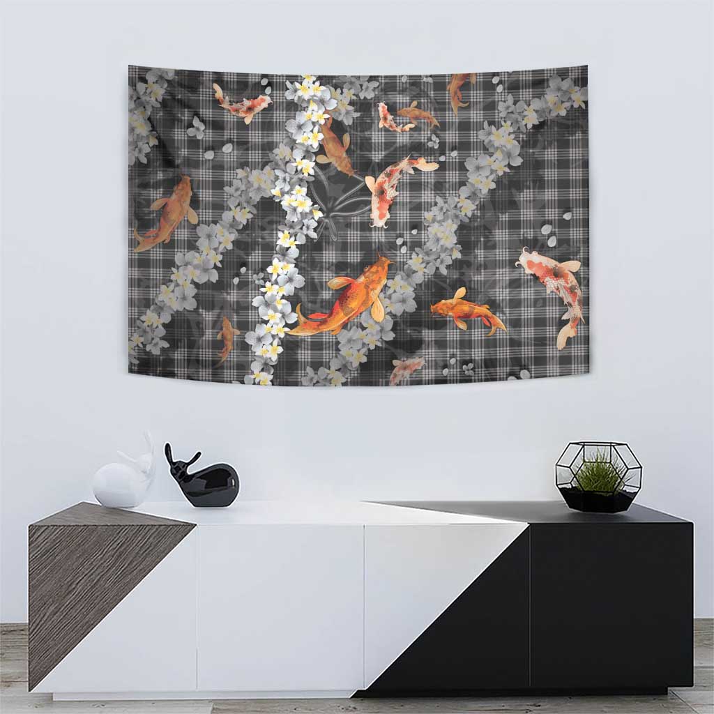Black Palaka Hawaiian And Japanese Tapestry Sakura Lei With Koi Fish - Polynesian Pride