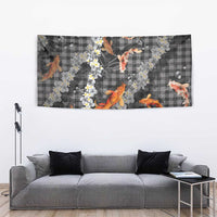 Black Palaka Hawaiian And Japanese Tapestry Sakura Lei With Koi Fish - Polynesian Pride