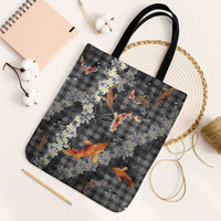 Black Palaka Hawaiian And Japanese Tote Bag Sakura Lei With Koi Fish - Polynesian Pride