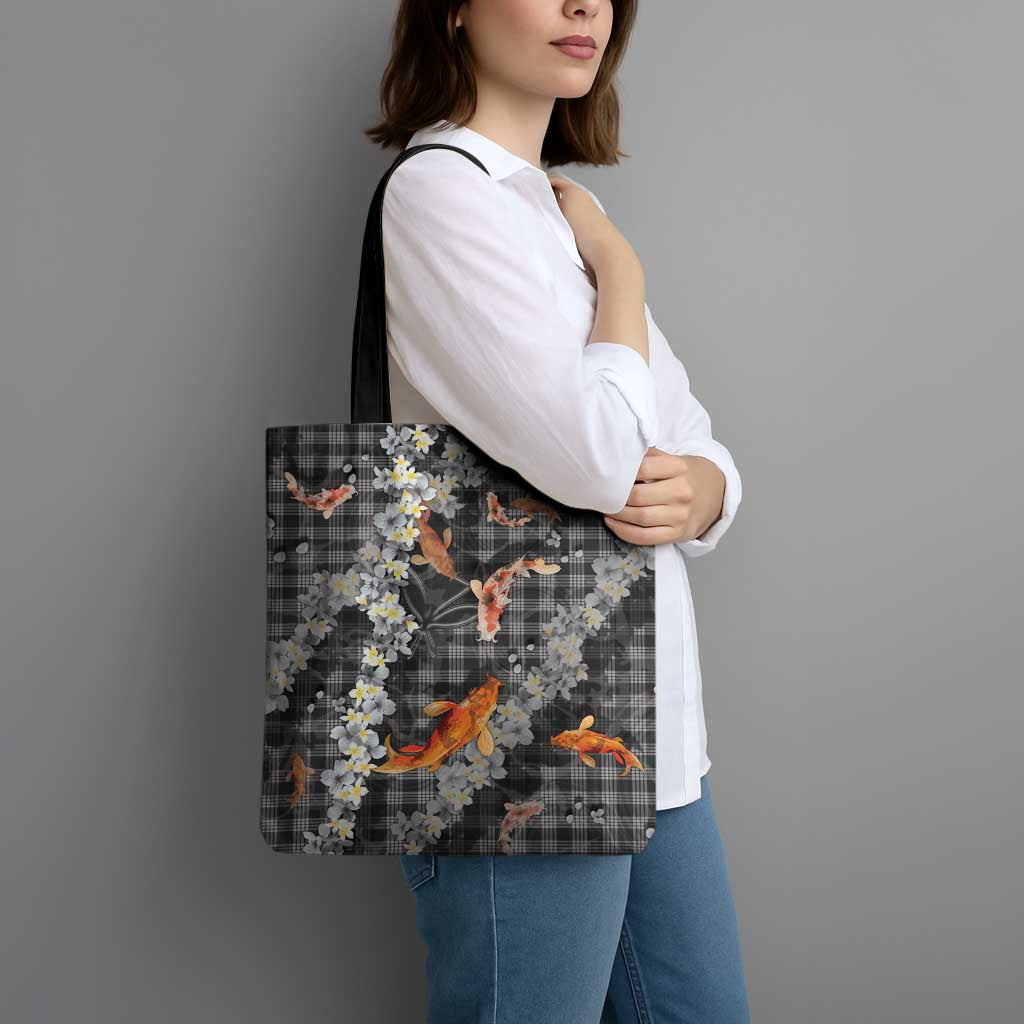 Black Palaka Hawaiian And Japanese Tote Bag Sakura Lei With Koi Fish - Polynesian Pride