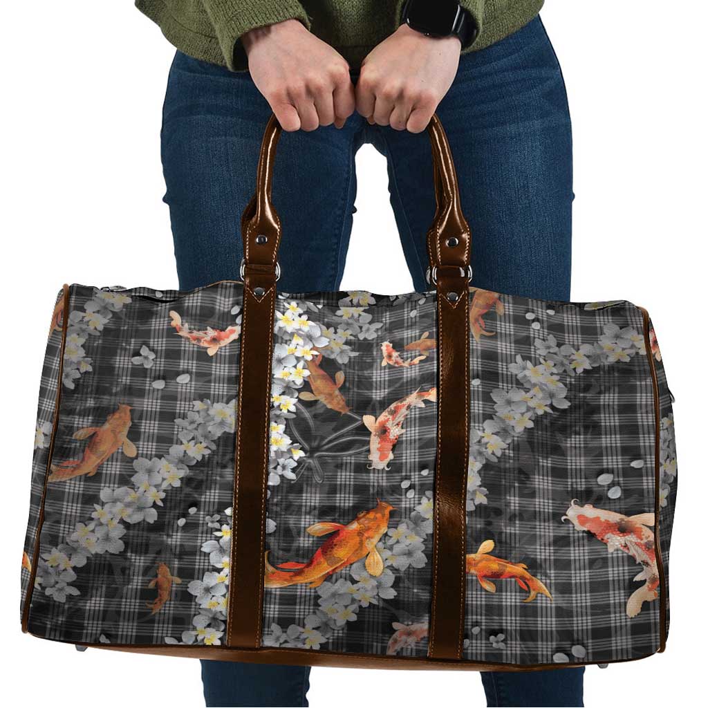Black Palaka Hawaiian And Japanese Travel Bag Sakura Lei With Koi Fish - Polynesian Pride