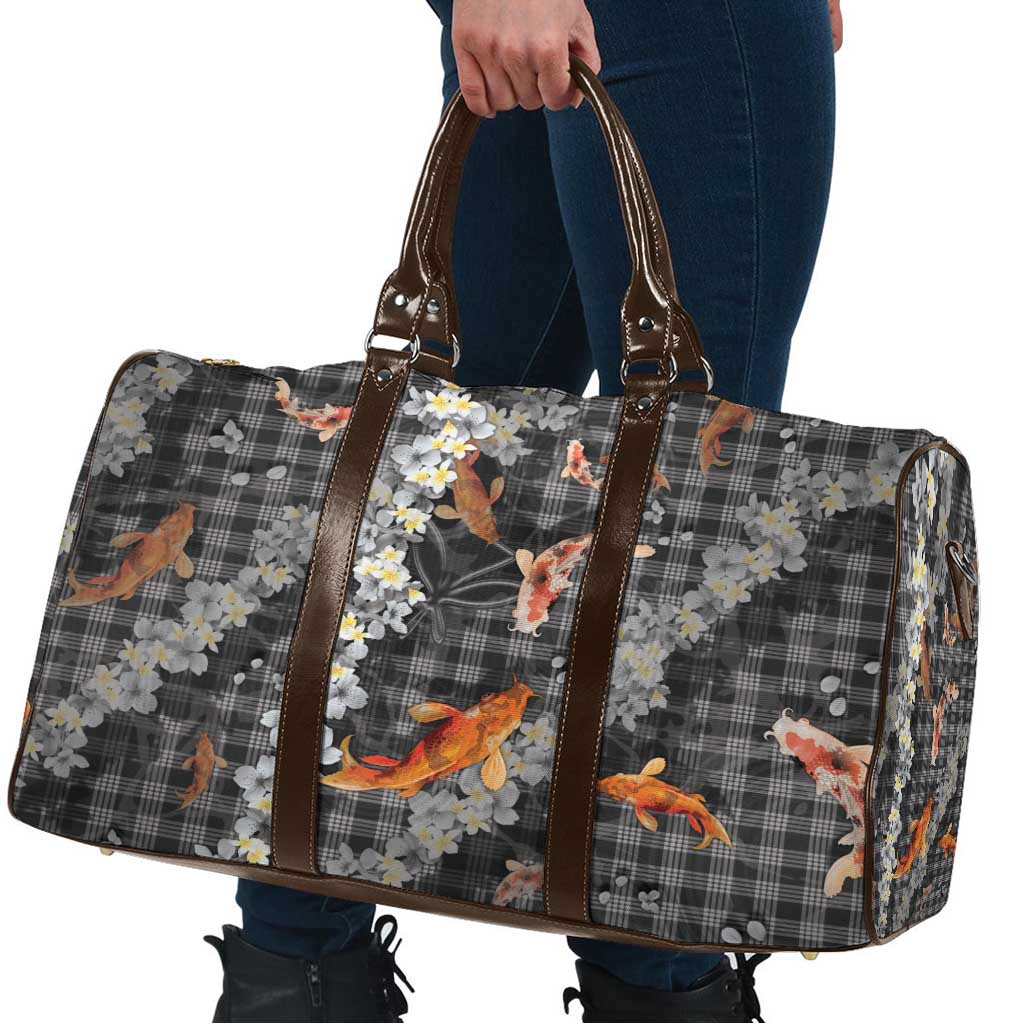 Black Palaka Hawaiian And Japanese Travel Bag Sakura Lei With Koi Fish - Polynesian Pride