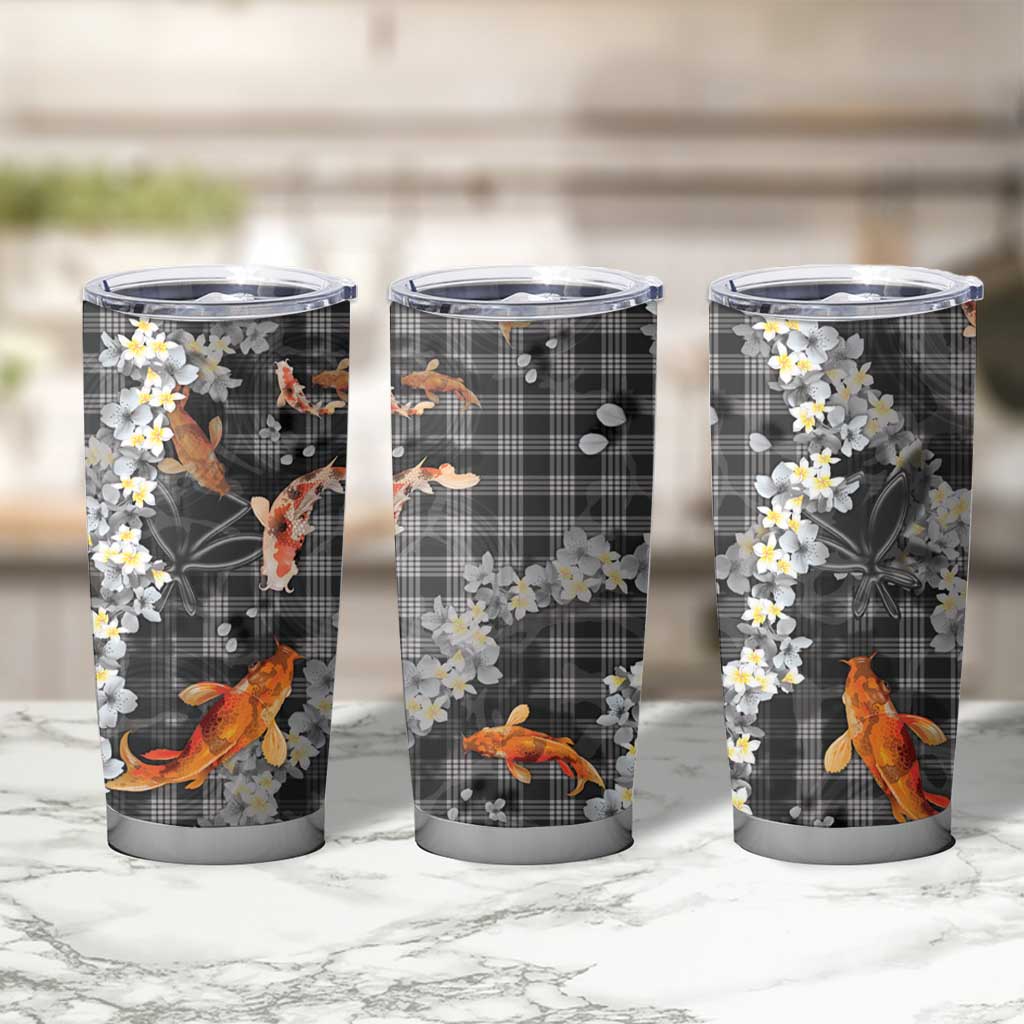 Black Palaka Hawaiian And Japanese Tumbler Cup Sakura Lei With Koi Fish - Polynesian Pride