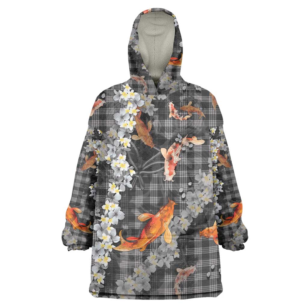 Black Palaka Hawaiian And Japanese Wearable Blanket Hoodie Sakura Lei With Koi Fish DT05 One Size Black - Polynesian Pride
