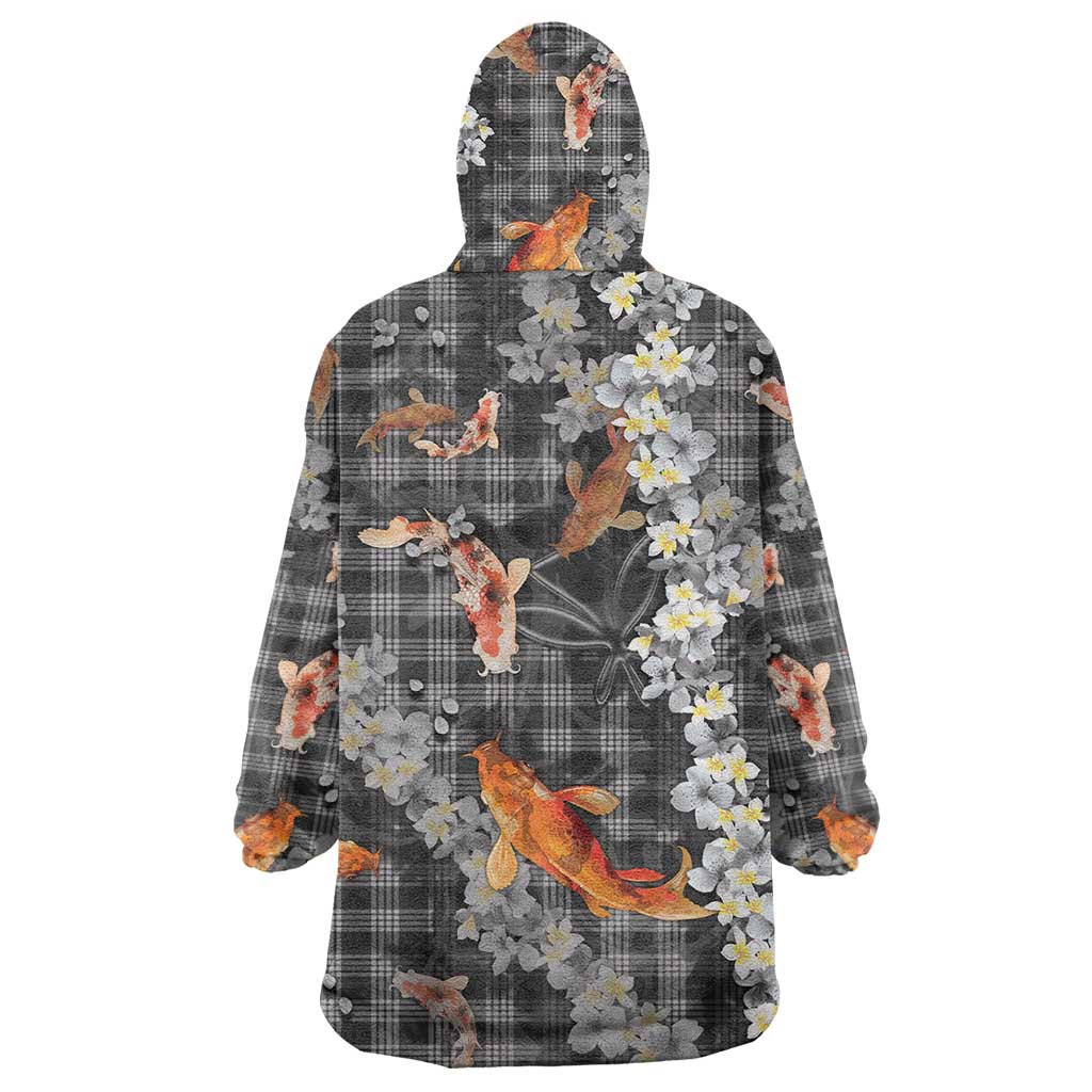 Black Palaka Hawaiian And Japanese Wearable Blanket Hoodie Sakura Lei With Koi Fish DT05 - Polynesian Pride