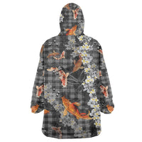 Black Palaka Hawaiian And Japanese Wearable Blanket Hoodie Sakura Lei With Koi Fish DT05 - Polynesian Pride