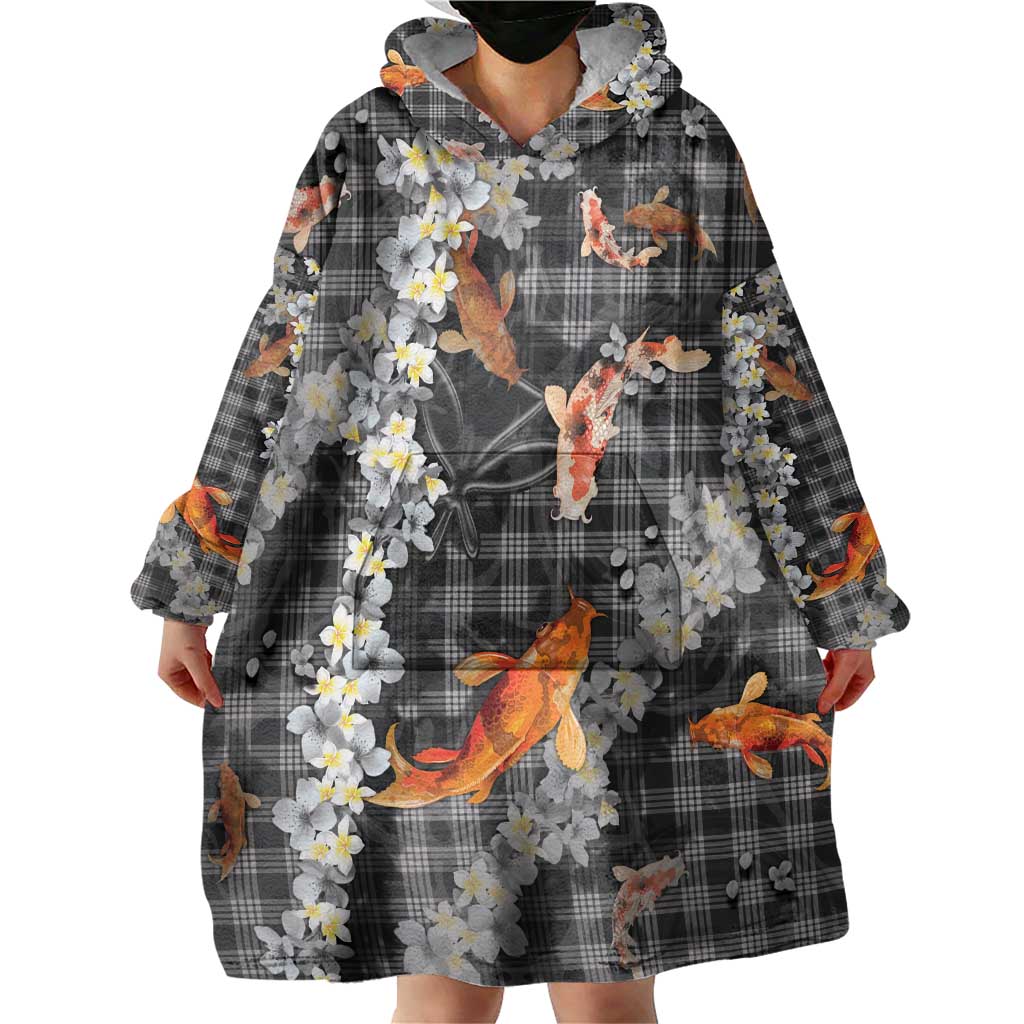 Black Palaka Hawaiian And Japanese Wearable Blanket Hoodie Sakura Lei With Koi Fish DT05 - Polynesian Pride