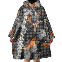 Black Palaka Hawaiian And Japanese Wearable Blanket Hoodie Sakura Lei With Koi Fish DT05 - Polynesian Pride