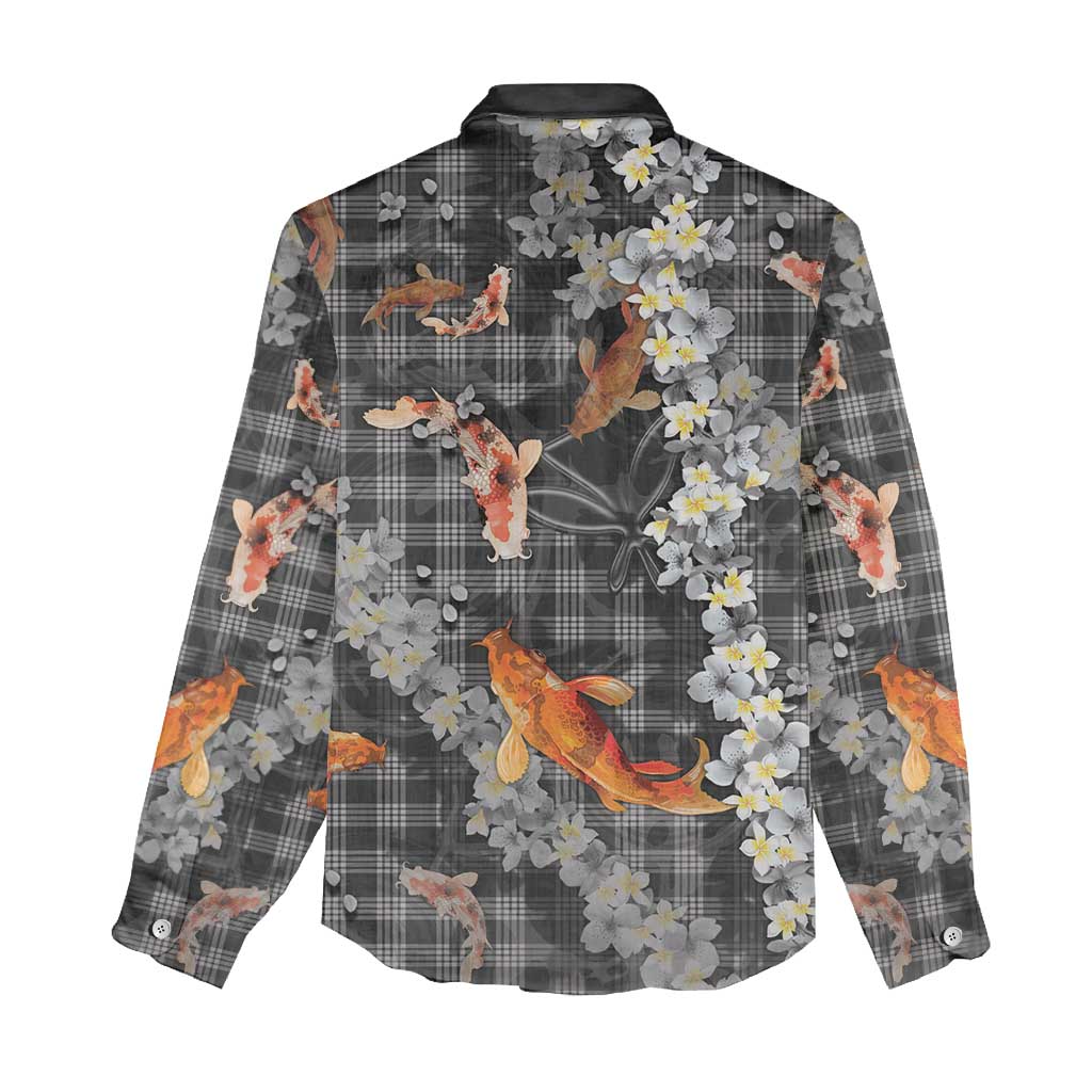 Black Palaka Hawaiian And Japanese Women Casual Shirt Sakura Lei With Koi Fish - Polynesian Pride