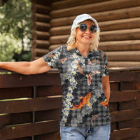 Black Palaka Hawaiian And Japanese Women Polo Shirt Sakura Lei With Koi Fish - Polynesian Pride