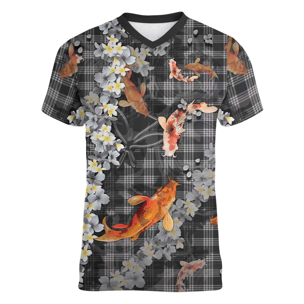 Black Palaka Hawaiian And Japanese Women V-Neck T-Shirt Sakura Lei With Koi Fish DT05 Female Black - Polynesian Pride