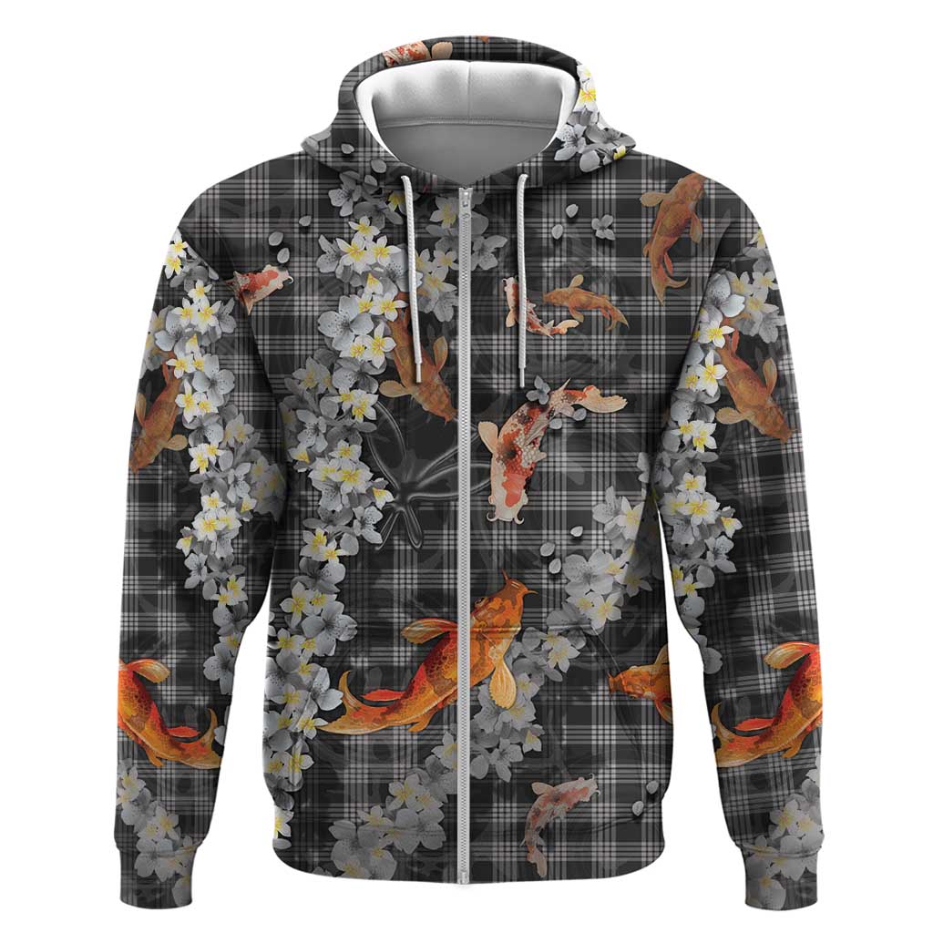 Black Palaka Hawaiian And Japanese Zip Hoodie Sakura Lei With Koi Fish DT05 Zip Hoodie Black - Polynesian Pride