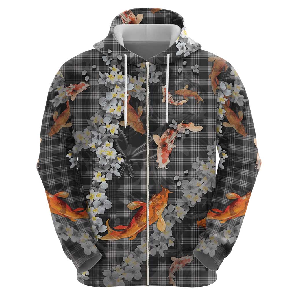 Black Palaka Hawaiian And Japanese Zip Hoodie Sakura Lei With Koi Fish DT05 - Polynesian Pride