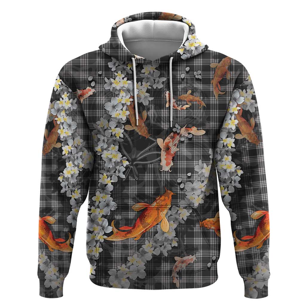 Black Palaka Hawaiian And Japanese Zip Hoodie Sakura Lei With Koi Fish DT05 Pullover Hoodie Black - Polynesian Pride