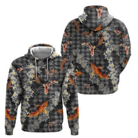 Black Palaka Hawaiian And Japanese Zip Hoodie Sakura Lei With Koi Fish DT05 - Polynesian Pride