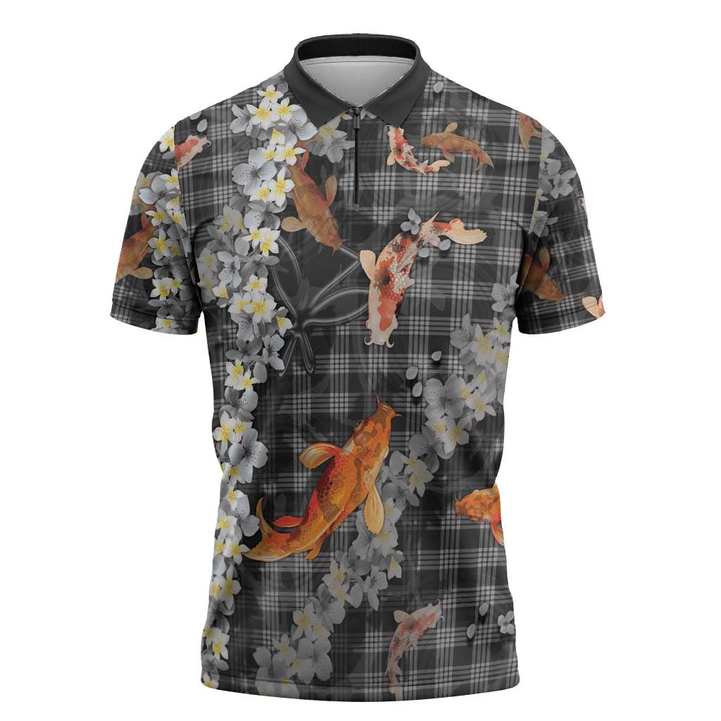 Black Palaka Hawaiian And Japanese Zipper Polo Shirt Sakura Lei With Koi Fish - Polynesian Pride