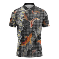 Black Palaka Hawaiian And Japanese Zipper Polo Shirt Sakura Lei With Koi Fish - Polynesian Pride